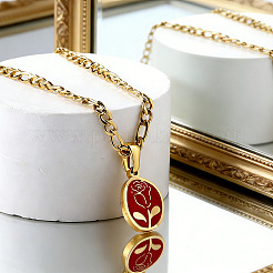 304 Stainless Steel Enamel Red Oval with Rose Flower Pendant Necklaces for Women&nbsp;WG6ED6B-02
