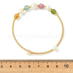 Copper French Wire & Round Natural Multicolor Tourmaline & Cultured Freshwater Pearl Cuff Bangle for Women&nbsp;BJEW-JB13991