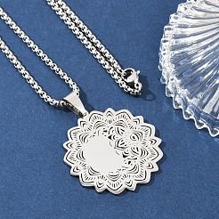 Mandala Flower 201 Stainless Steel Box Chain Pendant Necklaces&nbsp;NJEW-K253-35P