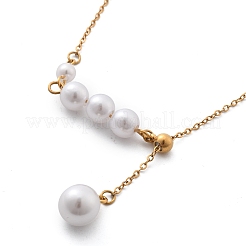 Ion Plating(IP) 304 Stainless Steel & White Plastic Pearl Round Pendant Lariat Necklaces for Women&nbsp;NJEW-P320-18G