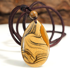 Natural Picture Jasper Teardrop Pendant Adjustable Cotton Cord Long Necklaces for Women&nbsp;WG5FD2E-01