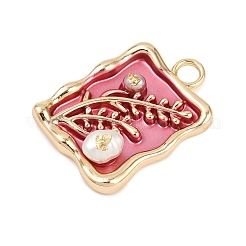 Brass Enamel & Natural Pearl Rectangle with Flower Pendants&nbsp;KK-K351-51G-01