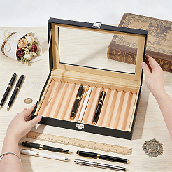 Black PU Leather Pen Organizer Boxes with Clear Glass Visible Window Lid&nbsp;CON-WH0107-129A