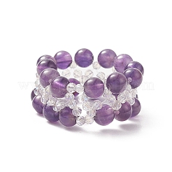 Natural Amethyst & Glass Braided Beaded Stretch Ring for Women&nbsp;RJEW-JR00546-02