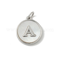 Brass Pave Natural Shell Flat Round with Letter A~Z Charms&nbsp;KK-Z115-13P