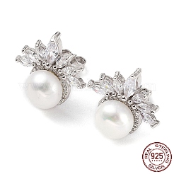 Anti-Tarnish Cubic Zirconia Flower with Natural Pearl Stud Earrings&nbsp;EJEW-F318-08P
