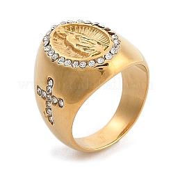 Oval with Saint 304 Stainless Steel Rhinestone Finger Ring for Unisex&nbsp;RJEW-Z076-05G-02