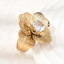 201 Stainless Steel Pave Single Cubic Zirconia Adjustable Cuff Rings for Women&nbsp;RJEW-K318-02G-G