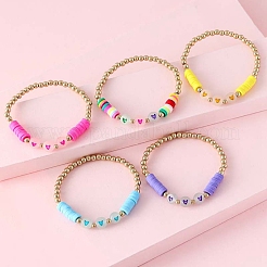 5Pcs Luminous Acrylic Heart & Plastic & Polymer Clay Heishi Stretch Bracelets Set&nbsp;HEAR-PW0001-123G