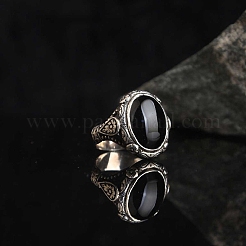 Oval Natural Dyed & Heated Black Agate Finger Rings&nbsp;PW-WG03CB0-02