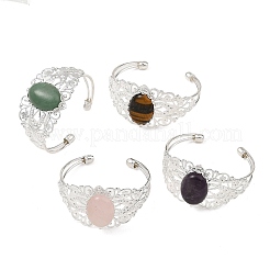 Oval Natural Mixed Stone Brass Hollow Floral Cuff Bangles for Women&nbsp;BJEW-JB14504
