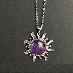 Natural Amethyst Sun Pendant Alloy Chain Vintage Necklaces, Platinum, 19.69 inch(50cm)