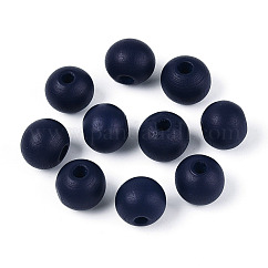 Painted Natural Wood Beads, Round, Prussian Blue, 10x8.5~9mm, Hole: 2~3mm