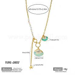Summer Beach 304 Stainless Steel Enamel Shell Shape Pendant Necklaces with White Plastic Pearl for Women&nbsp;WGC94A0-01