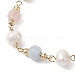 Round Natural Cultured Freshwater Pearl & Natural Lavender Amethyst & Aquamarine & Madagascar Rose Quartz Beaded Link Bracelets for Women&nbsp;BJEW-JB12807