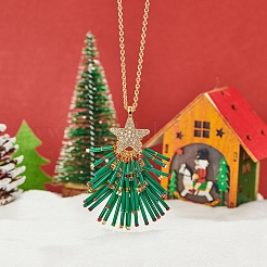Brass Rhinestone with Glass Seed Beaded Green Christmas Tree Pendant Necklaces&nbsp;FS-WG6FBF4-01