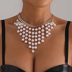 Alloy Imitation Pearl Round Tassel Bib Necklaces for Women&nbsp;WGDE514-01