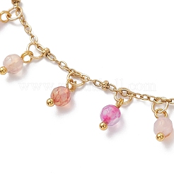 3Pcs 3 Colors Dyed & Heated Natural Agate(Dyed & Heated) Faceted Round Tassel 304 Stainless Steel Cable Chain Anklets&nbsp;AJEW-AN00744