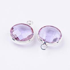Silver Color Plated Brass Glass Flat Round Charms&nbsp;GLAA-M003-A-12S