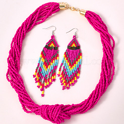 Bohemian Style Glass Seed Beaded Multilayer Necklaces & Triangle Tassel Dangle Earrings Sets&nbsp;FS-WG1D6AA-01