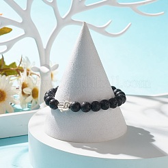 Natural Lava Rock Round Beaded Stretch Bracelet with Hamsa Hand&nbsp;BJEW-JB07693