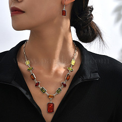 Rectangle Horse Eye Alloy & Resin Pendant Necklaces & Dangle Earrings Sets&nbsp;FS-WGE4E7B-01