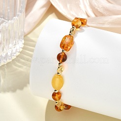 Natural Amber & Brass Beaded Stretch Bracelets for Women Men&nbsp;BJEW-JB13700