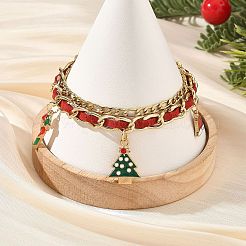 Alloy Enamel Christmas Tree Hat Candy Cane Charm Faux Suede Cord 304 Stainless Steel Woven Chain 2-Strand Bracelets&nbsp;BJEW-TA00763