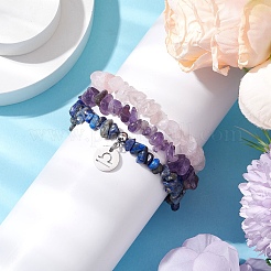 3Pcs 3 Styles Natural Rose Quartz & Amethyst & Lapis Lazuli Chips Stretch Bracelets Sets&nbsp;BJEW-JB11076-09