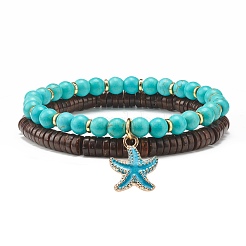Natural Coconut & Synthetic Turquoise(Dyed) Beads Stretch Bracelets Set&nbsp;BJEW-JB07168