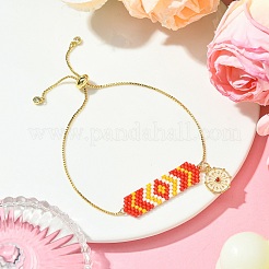 Cylinder Seed Beaded & Brass Heart Charm Box Chain Slider Bracelets for Women&nbsp;BJEW-JB10747