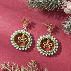 Christmas Wreath Brass Glass Dangle Stud Earrings&nbsp;EJEW-MZ00613