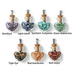 7Pcs 7 Styles Natural & Synthetic Mixed Stone Chip Heart Glass Wishing Bottle Pendants&nbsp;PALLOY-JF02502
