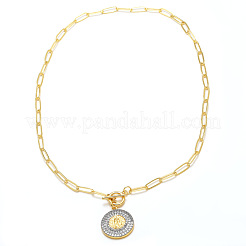 Duo Tone Religion Brass Micro Pave Clear Cubic Zirconia Flat Round Pendant Necklaces&nbsp;WGC6F64-03