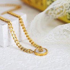 304 Stainless Steel & Natural White Shell Coin Pendant Curb Chain Necklaces for Women&nbsp;WG4C473-02
