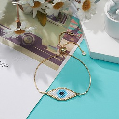 Japanese Seed Braided Rhombus with Evil Eye Link Slider Bracelet&nbsp;BJEW-MZ00001-02