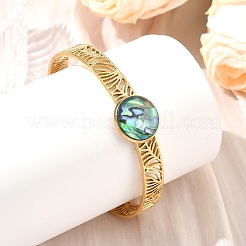 2Pcs 2 Colors Natural Abalone Shell Paua Shell 304 Stainless Steel Hollow Open Cuff Bangle Sets with Enamel&nbsp;BJEW-JB14486-02