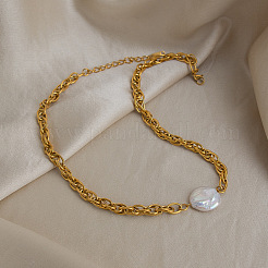 Baroque Natural Freshwater Pearl Keshi Pearl Coin Pendant 304 Stainless Steel Rope Chain Necklaces for Women&nbsp;NE6106