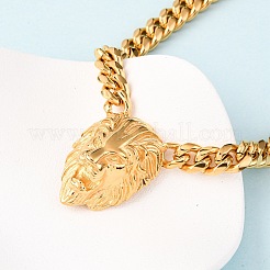 304 Stainless Steel Lion Head Pendant Cuban Link Chain Necklaces&nbsp;NJEW-C099-05G