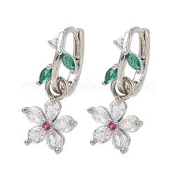 Flower Brass Micro Pave Cubic Zirconia Hoop Dangle Earrings for Women&nbsp;EJEW-A167-13P-01