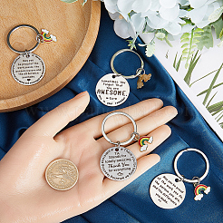 4Pcs 4 Styles  Teacher's Day Stainless Steel Flat Round with Word Pendant Keychain&nbsp;KEYC-GF0001-11