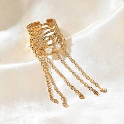 304 Stainless Steel Tassel Cuff Open Rings for Women&nbsp;RJEW-F208-01G-02