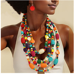 Bohemian Style Wood Barrel & Cube & Flat Round Beaded Multilayer Necklaces & Dangle Earrings Sets&nbsp;FS-WG5D833-01