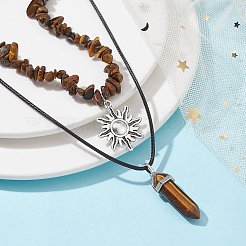 2Pcs 2 Style Natural Tiger Eye Bullet & Alloy Sun Pendant Necklaces Set&nbsp;NJEW-JN04514-03