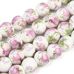 Handmade Flower Printed Porcelain Ceramic Beads Strands&nbsp;PORC-M007-10mm-07