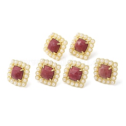 Ion Plating(IP) Natural Wood Lace Stone Square Stud Earrings with Plastic Pearl Beaded&nbsp;EJEW-E599-03G-02