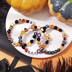 3Pcs 3 Styles Halloween Theme Resin & Polymer Clay & Glass Beaded Stretch Bracelets&nbsp;BJEW-JB10876