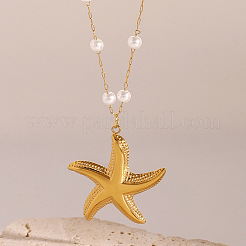 Summer Beach 304 Stainless Steel & Round Shell Pearl Starfish Pendant Necklaces for Women&nbsp;FS-WG08923-01