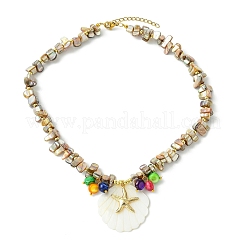 Ocean 304 Stainless Steel Starfish and Natural Shell Pendant AB Color Beaded Necklaces&nbsp;NJEW-JN06213