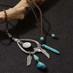 Bohemian Style Alloy Feather & Synthetic Turquoise Heart Long Pendant Necklaces for Women&nbsp;NJEW-G158-01A